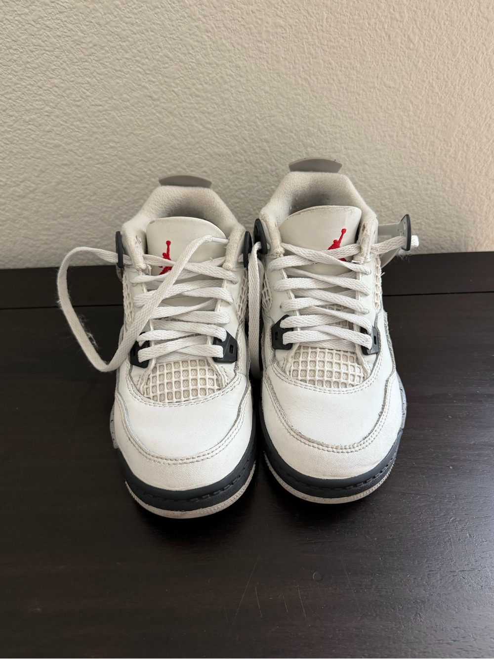 Nike Jordan 4 Retro white & black Leather Athletic Sneakers with Red Youth 12.5
